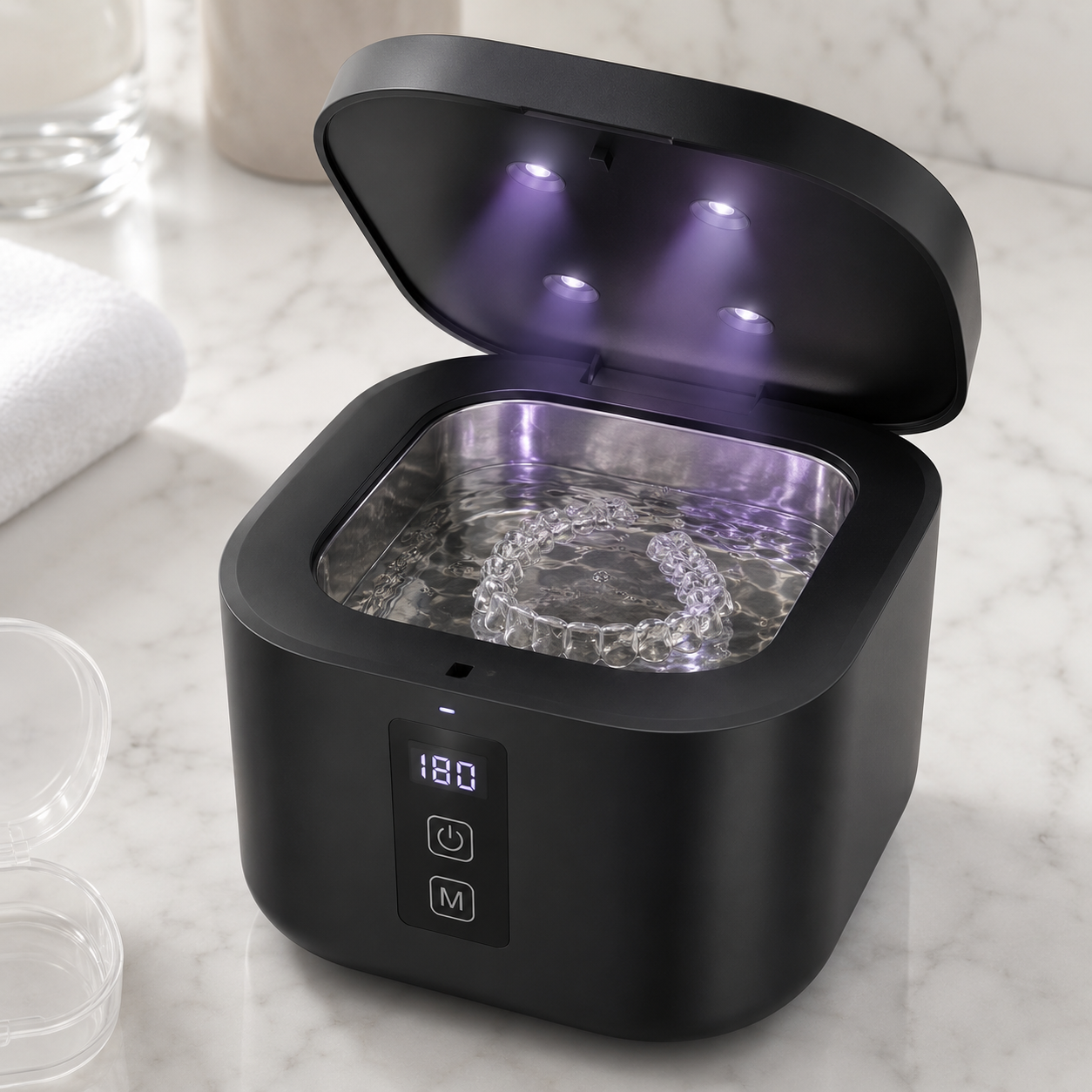 Black U-Brightwave ultrasonic cleaner with the lid open on a marble counter, showing a clear aligner tray in the water basin, with aligner cases nearby.