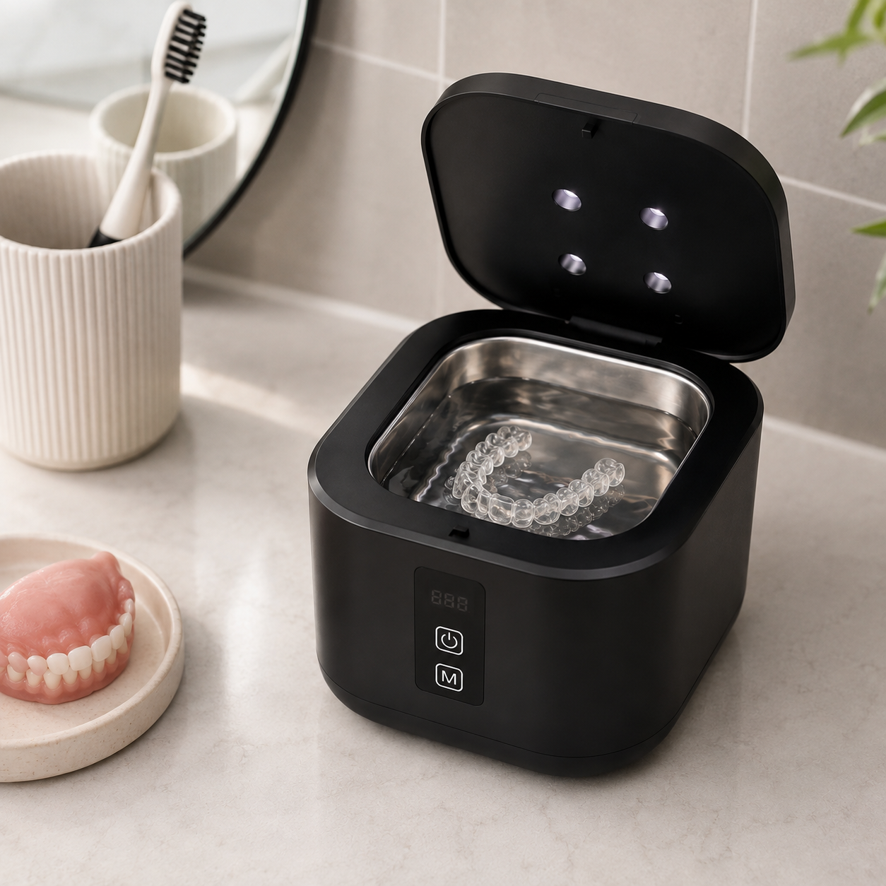 Black U-Brightwave ultrasonic cleaner with the lid open on a bathroom counter, next to a toothbrush cup and a denture resting on a small dish.