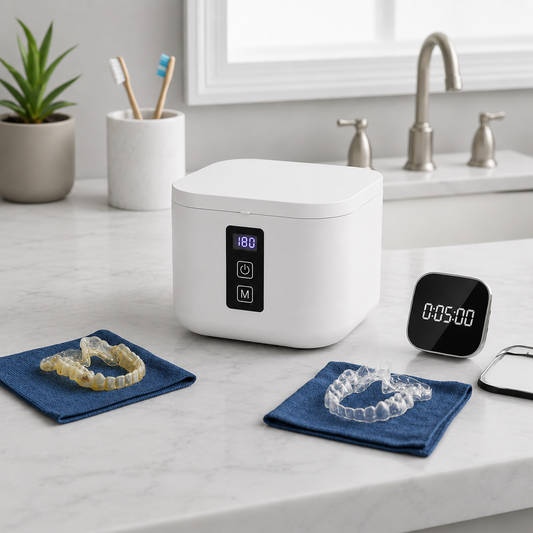 White U-Brightwave ultrasonic cleaner closed on a marble bathroom counter, with a digital timer and two clear aligner trays on folded cloths nearby.