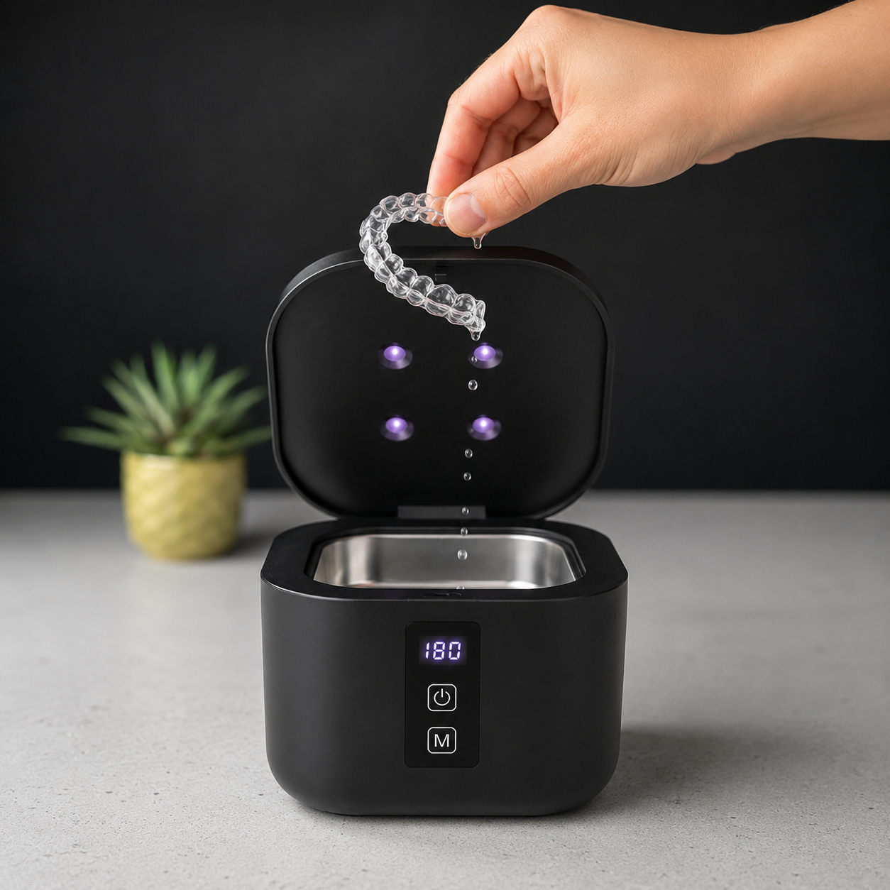 A hand lowering a clear aligner tray into the open lid of a black U-Brightwave ultrasonic cleaner.