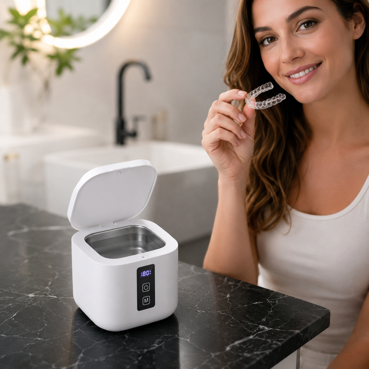 A woman holding a clear aligner tray up to her smile beside an open white U-Brightwave ultrasonic cleaner on a dark marble counter.