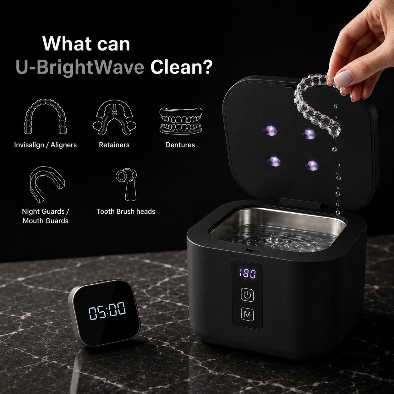 Graphic showing the appliance types the U-Brightwave ultrasonic cleaner works with: clear aligners, retainers, dentures, night guards, and toothbrush heads.