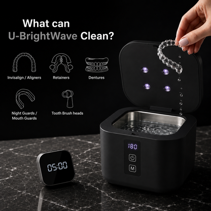 Graphic showing the appliance types the U-Brightwave ultrasonic cleaner works with: clear aligners, retainers, dentures, night guards, and toothbrush heads.