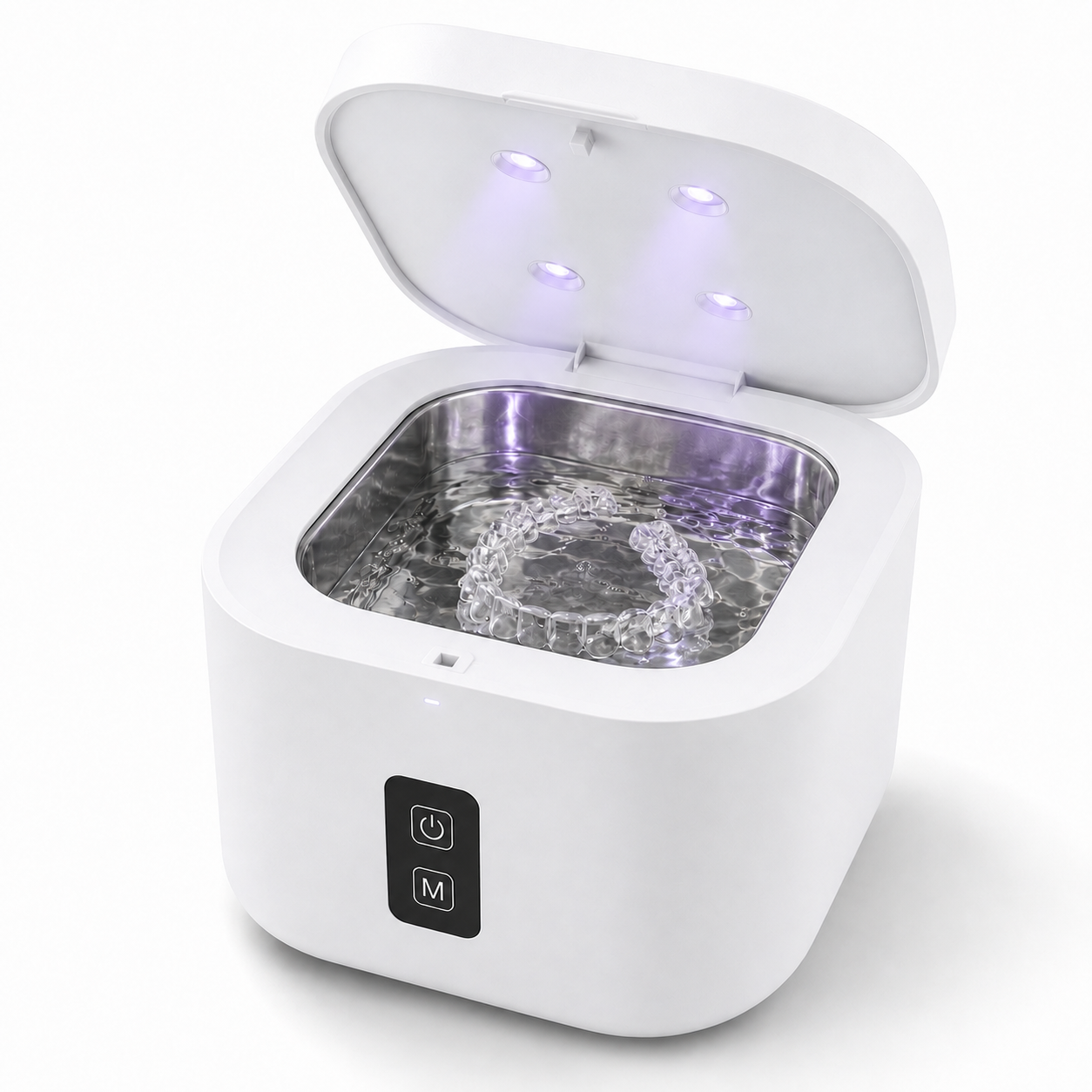 White U-Brightwave ultrasonic cleaner with the lid open on a plain white background, showing a clear aligner tray in the water basin.